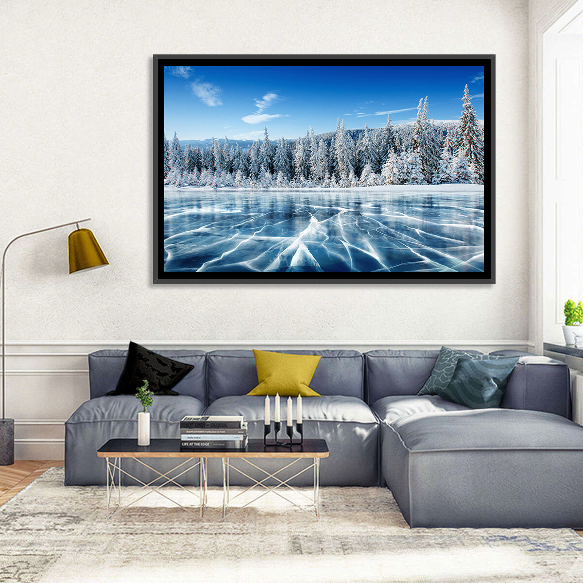 Cracked Ice Lake with Snowy Pines Wall Art in a room, landscape