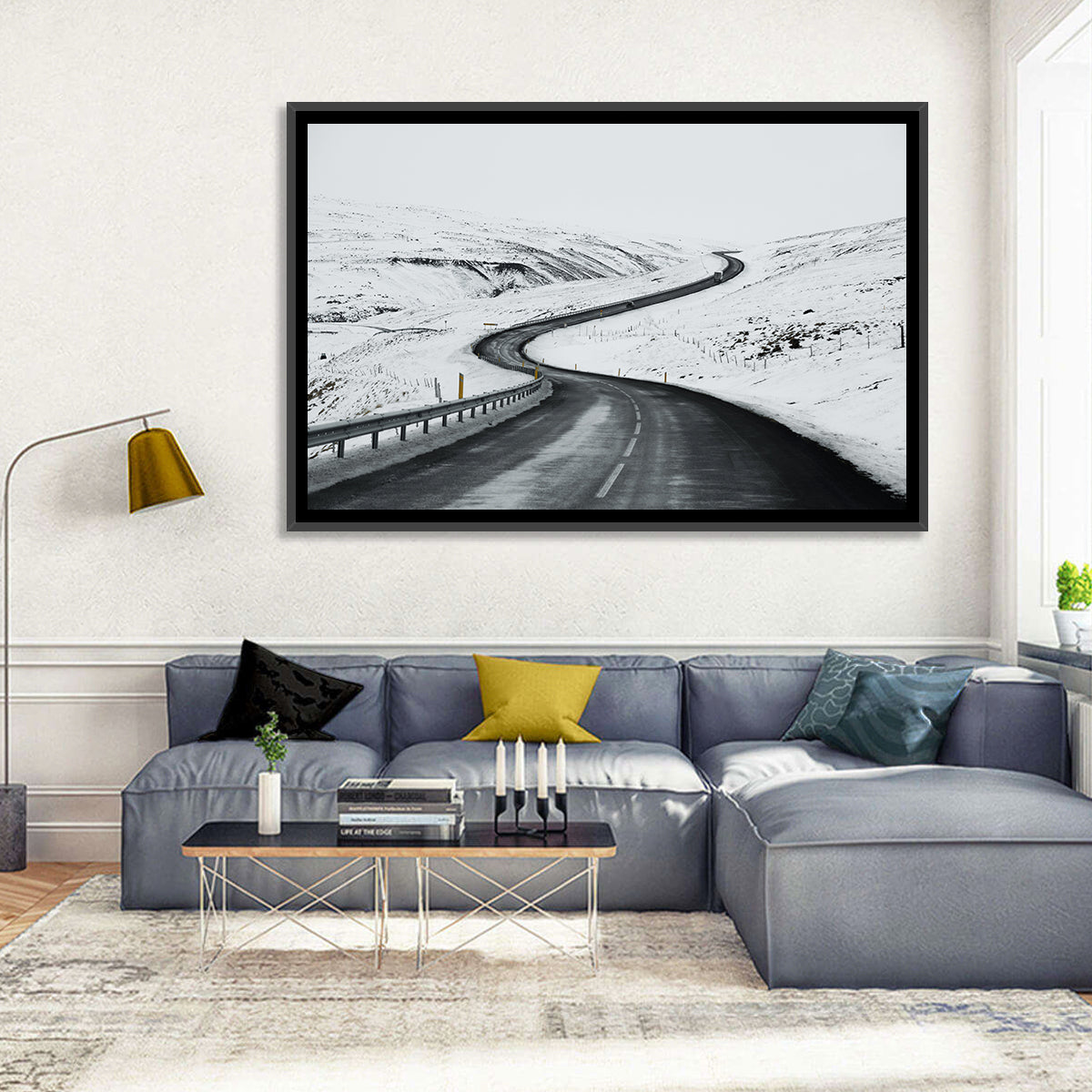 Winding Snow Road with Yellow Markers Wall Art in a room, landscape
