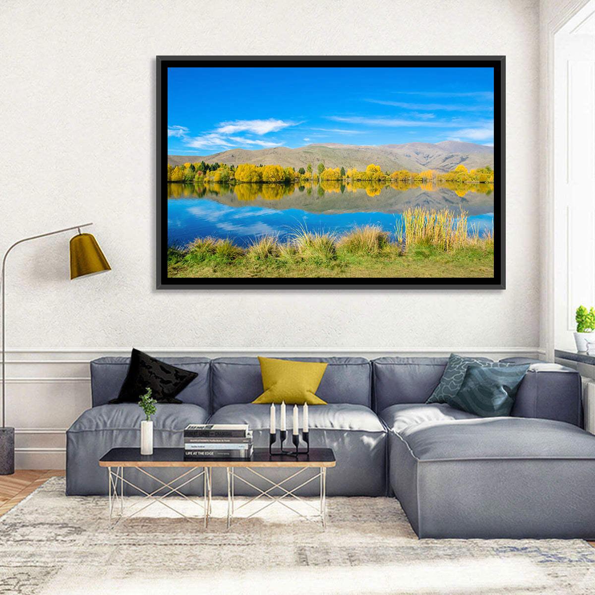 Ruataniwha Autumn Reflection Wall Art in a room, landscape