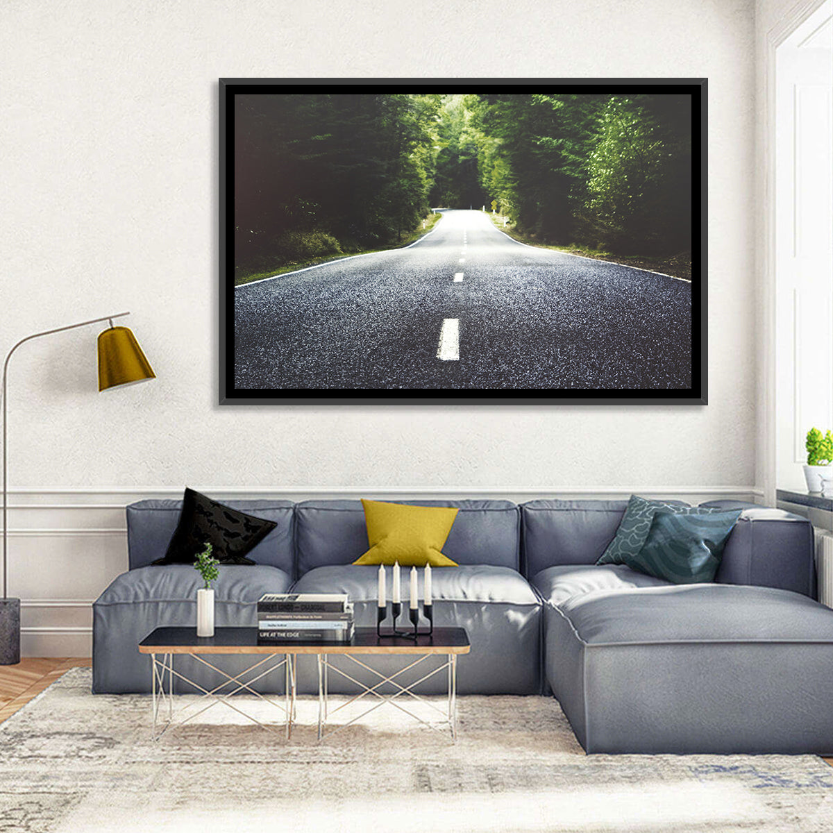 Summer Forest Road with Yellow Sign Wall Art in a room, landscape