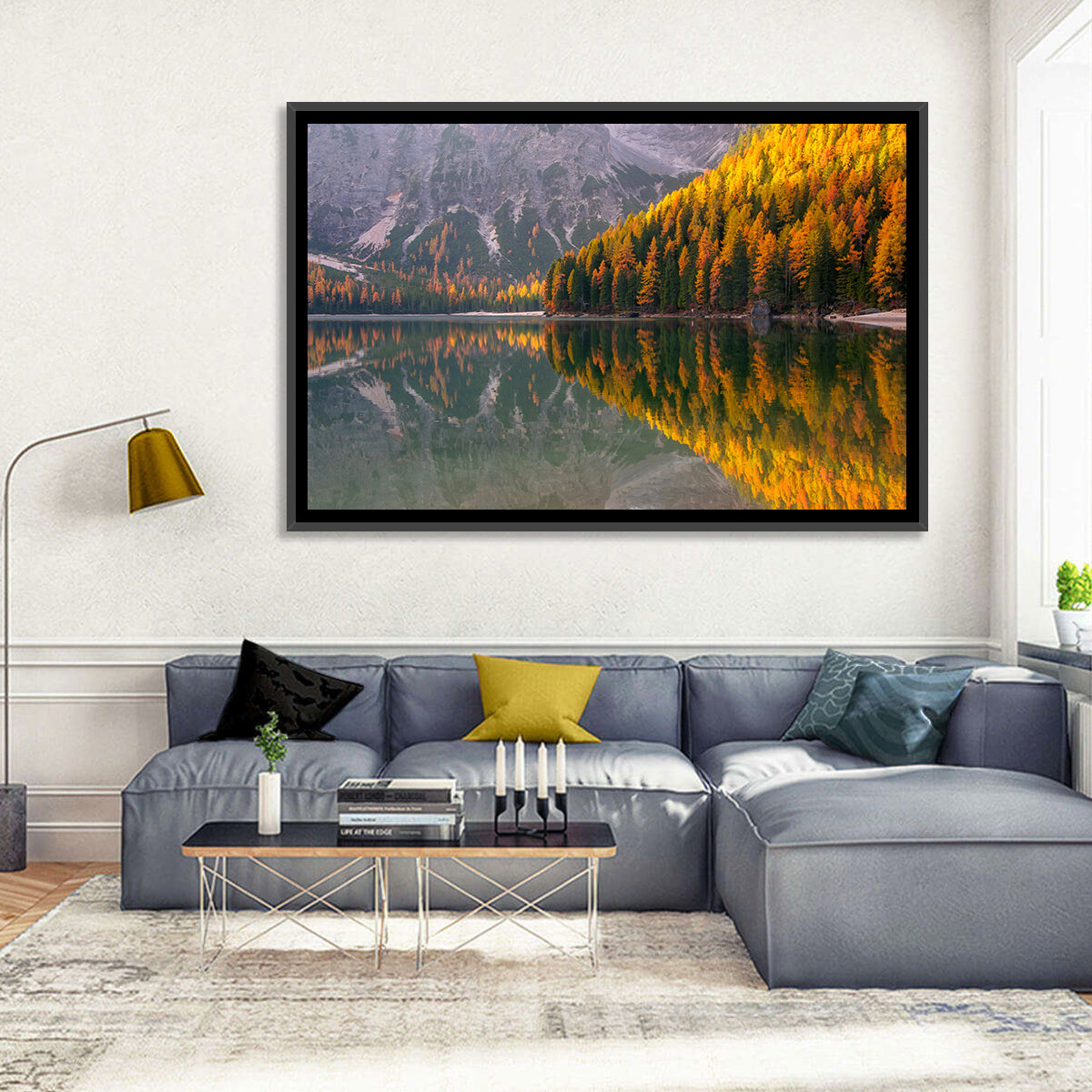 Braies Lake Golden Reflection Wall Art in a room, landscape