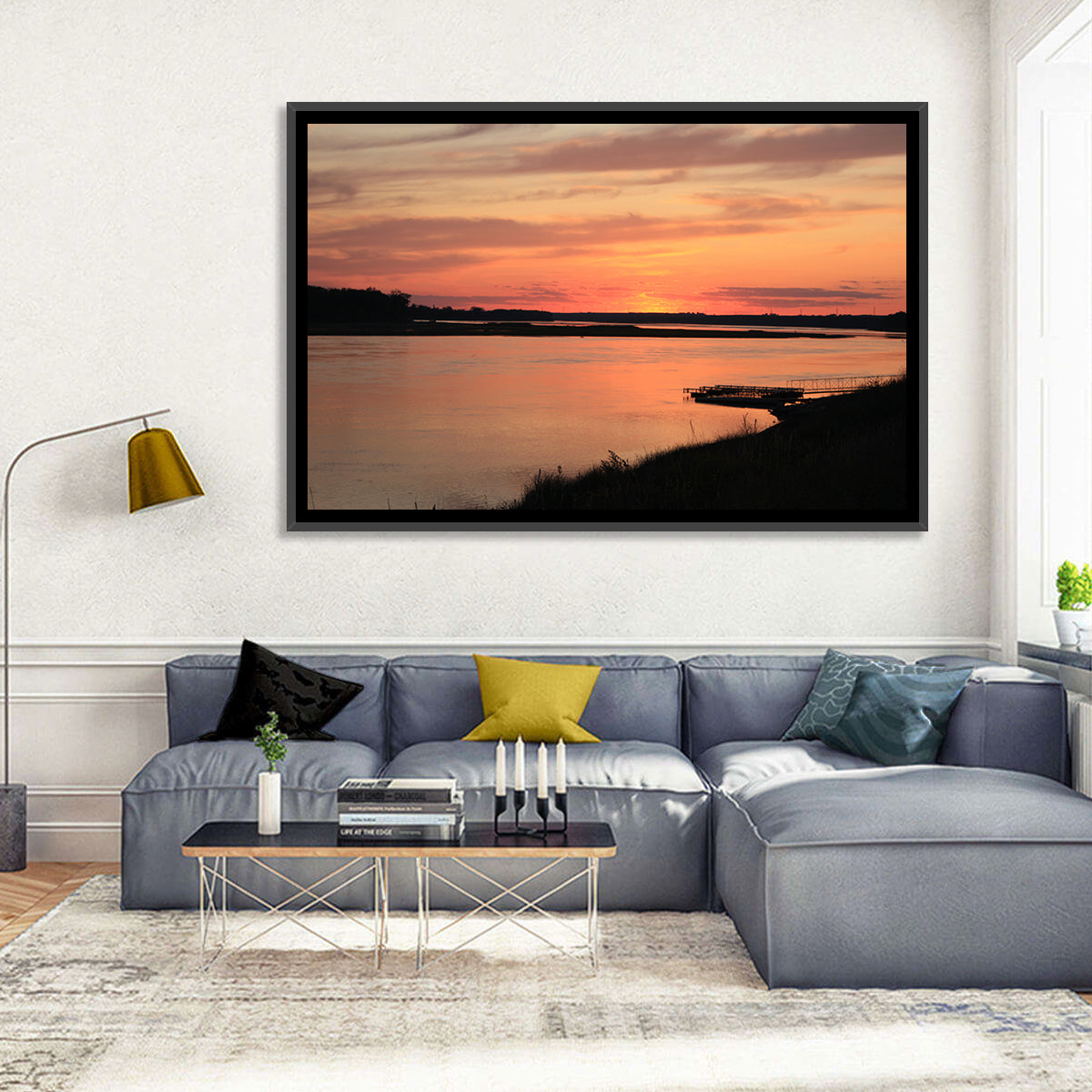 Missouri River Sunset at Dusk Wall Art in a room, landscape