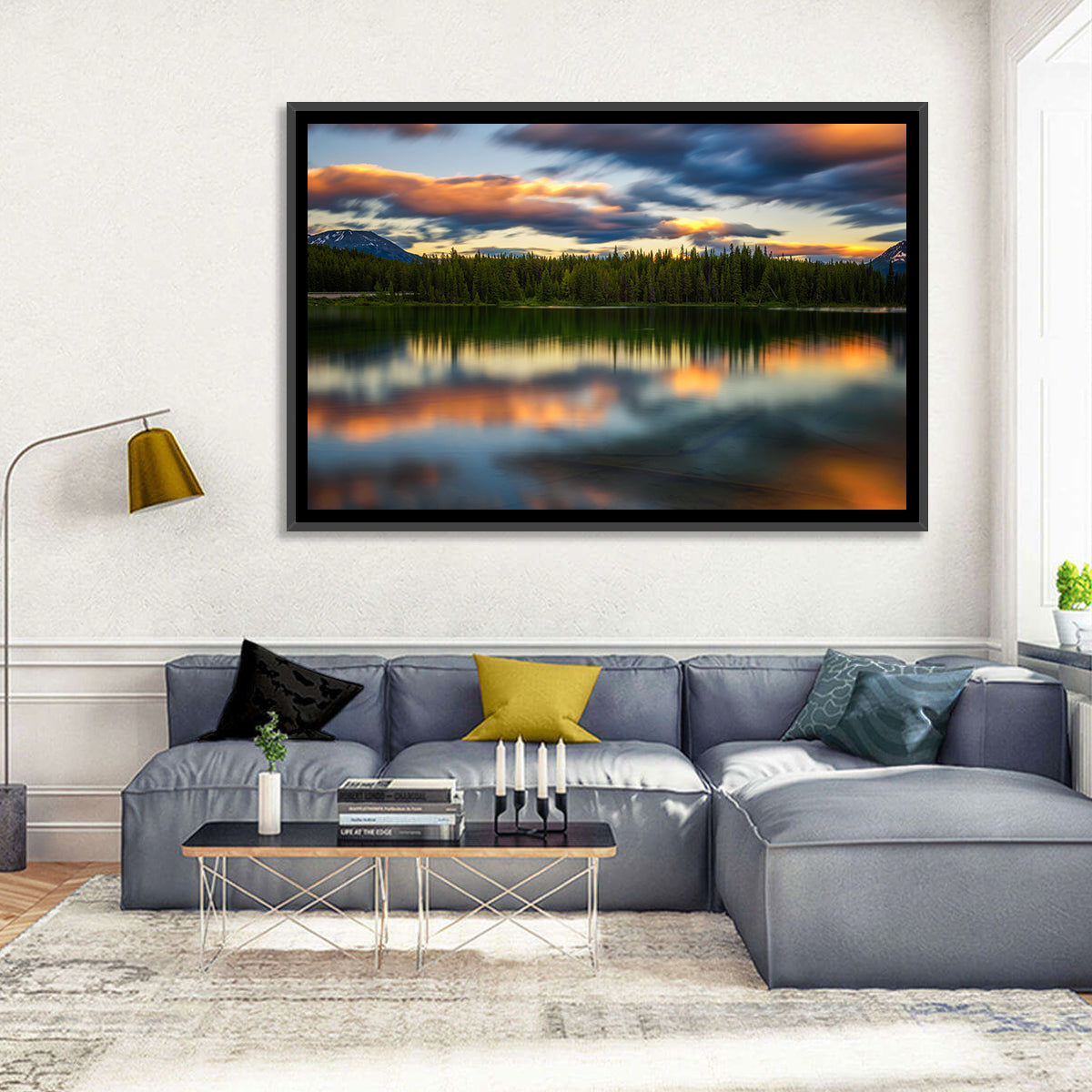 Herbert Lake Sunset Reflection Wall Art in a room, landscape
