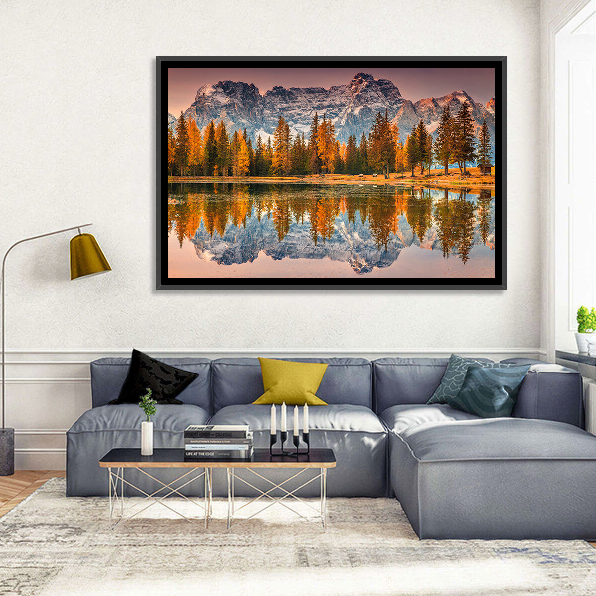 Antorno Lake Autumn Reflection Wall Art in a room, landscape