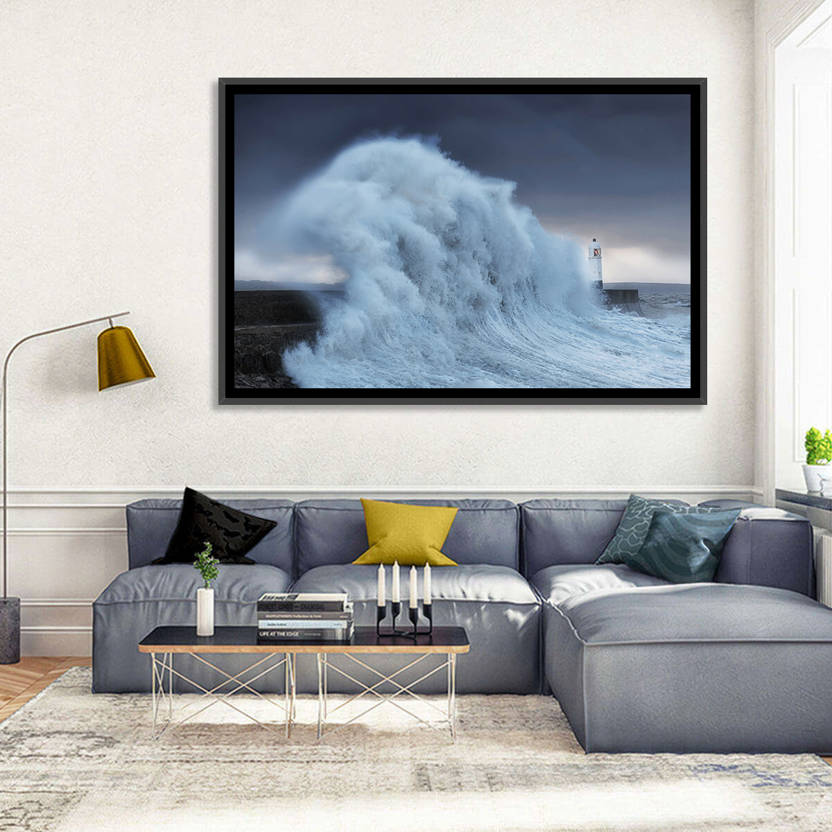 Lighthouse in a Sea Storm Wall Art in a room, landscape