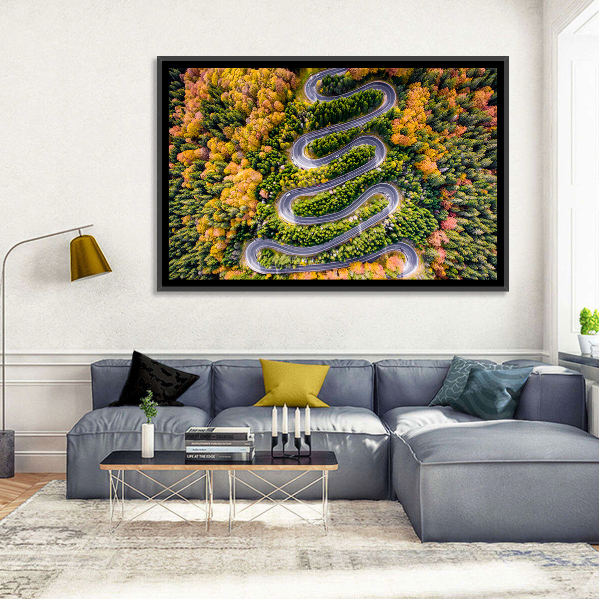 Autumn Winding Forest Road Wall Art in a room, landscape