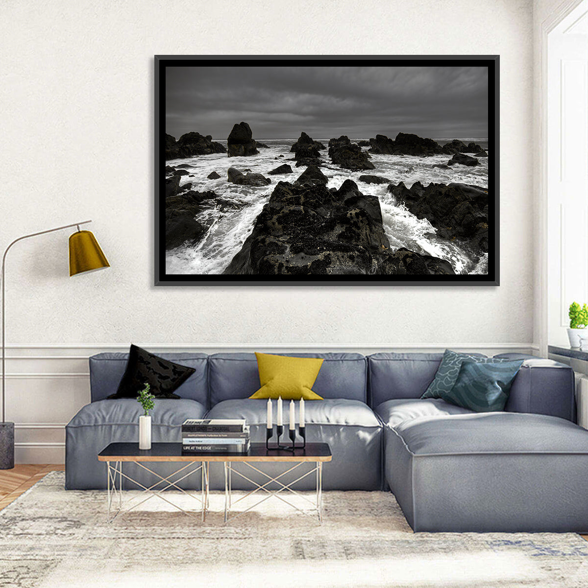 Moody Black and White Rocky Coast Waves Wall Art in a room, landscape