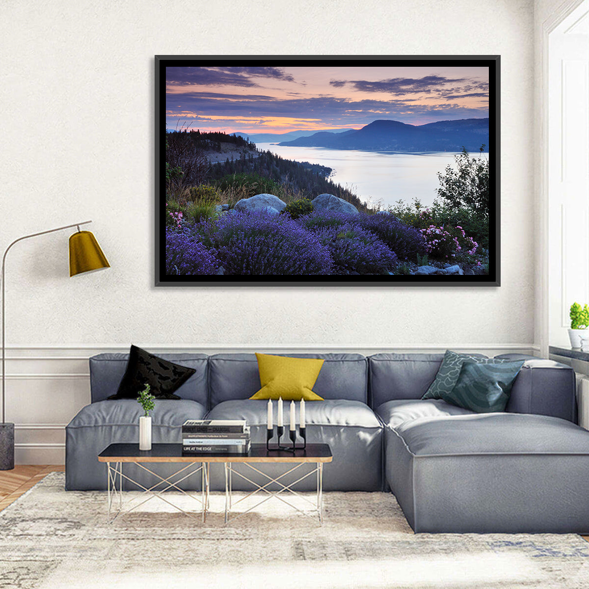 Okanagan Lavender Lake Wall Art in a room, landscape