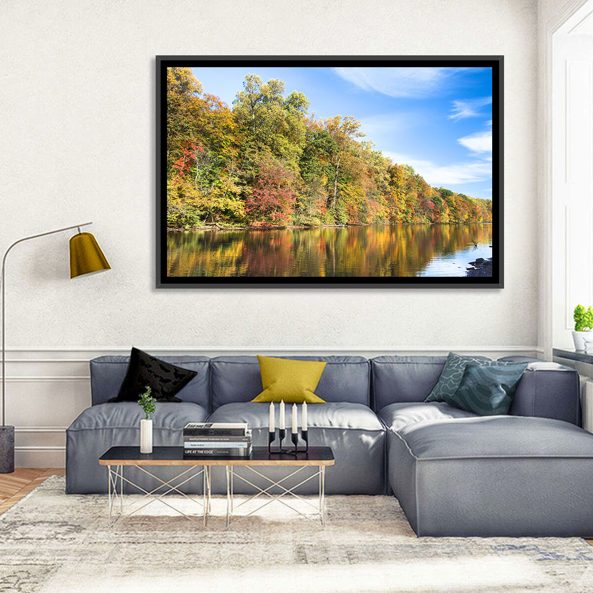 Lake Surprise Autumn Reflection Wall Art in a room, landscape