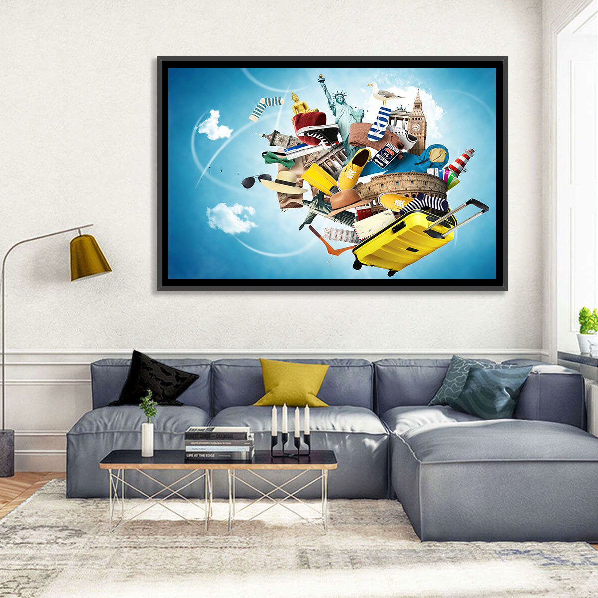 Floating Landmarks with Yellow Suitcase Wall Art in a room, landscape