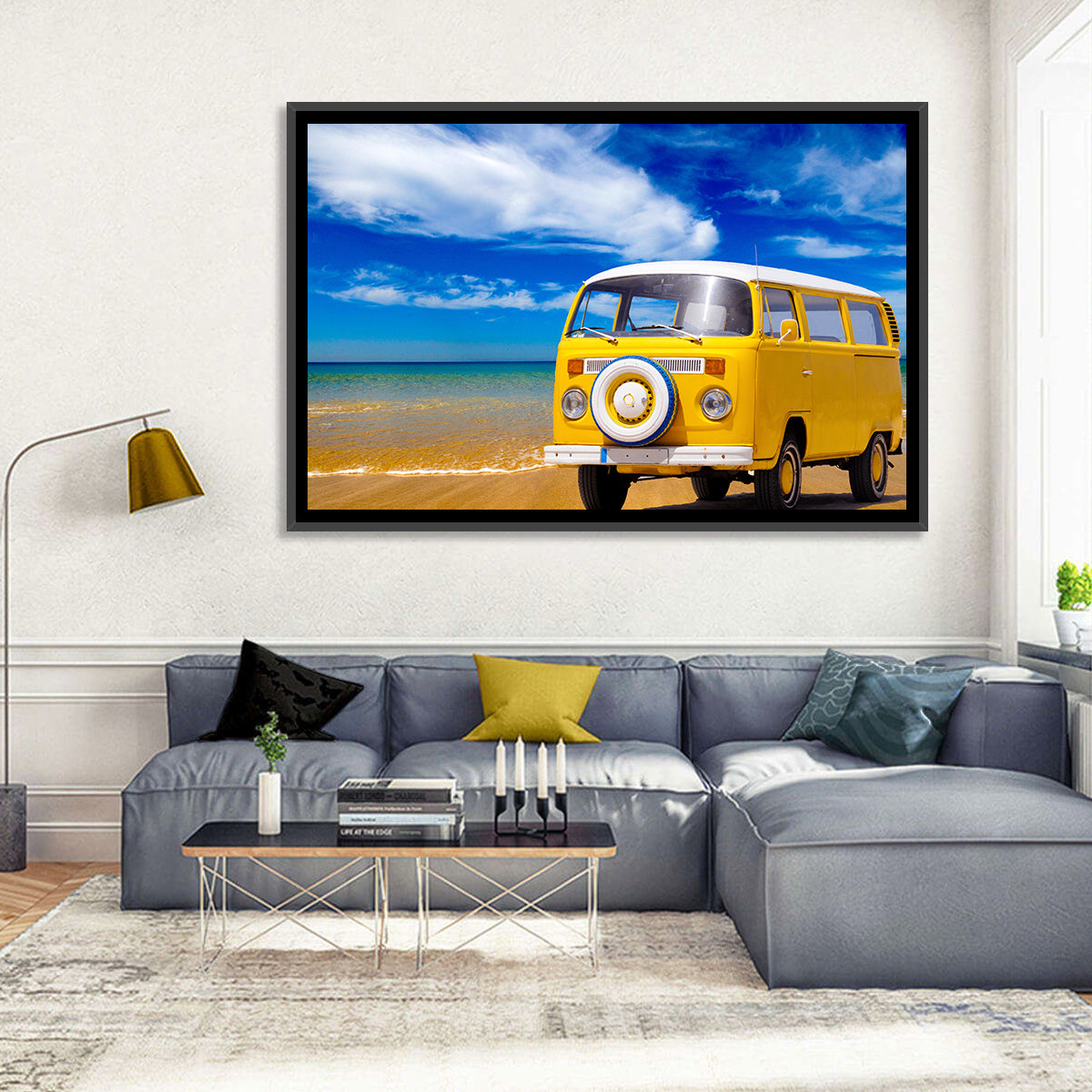 Yellow Vintage Van on Beach Wall Art