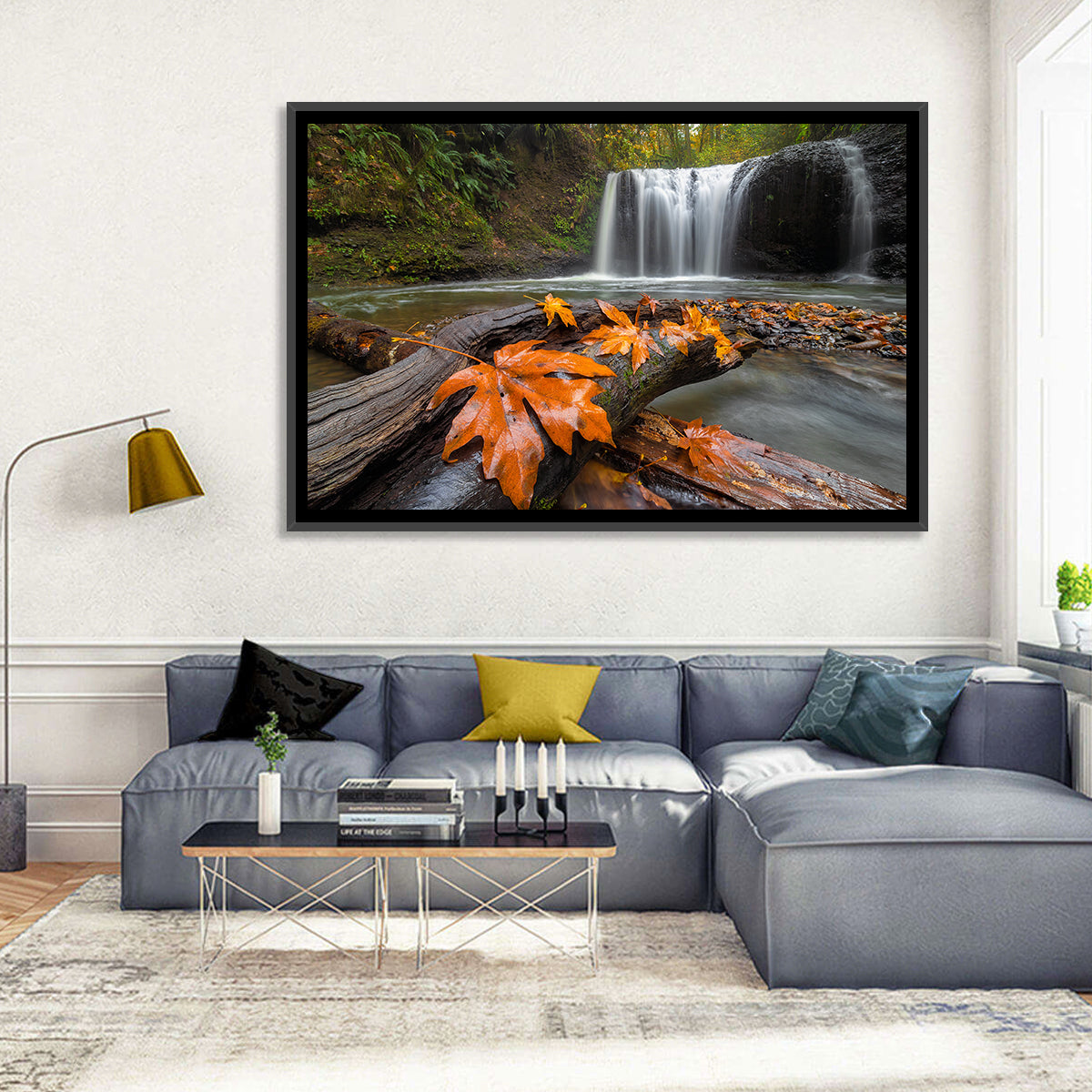 Clackamas Waterfall with Maple Leaf Wall Art in a room, landscape