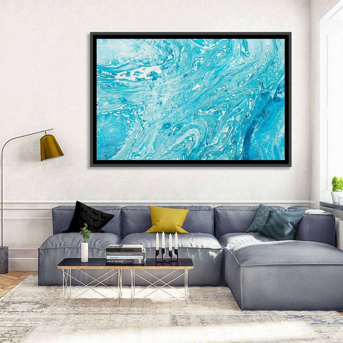 Cerulean Marbled Waves Wall Art in a room, landscape