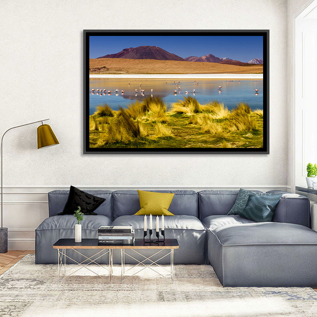 Flamingos on Salt Lake Wall Art in a room, landscape