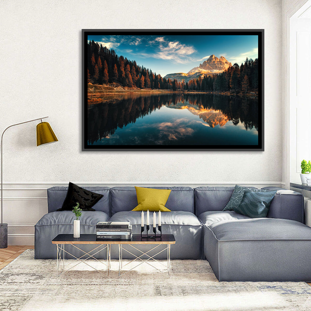 Lago Antorno Golden Hour Reflection Wall Art in a room, landscape