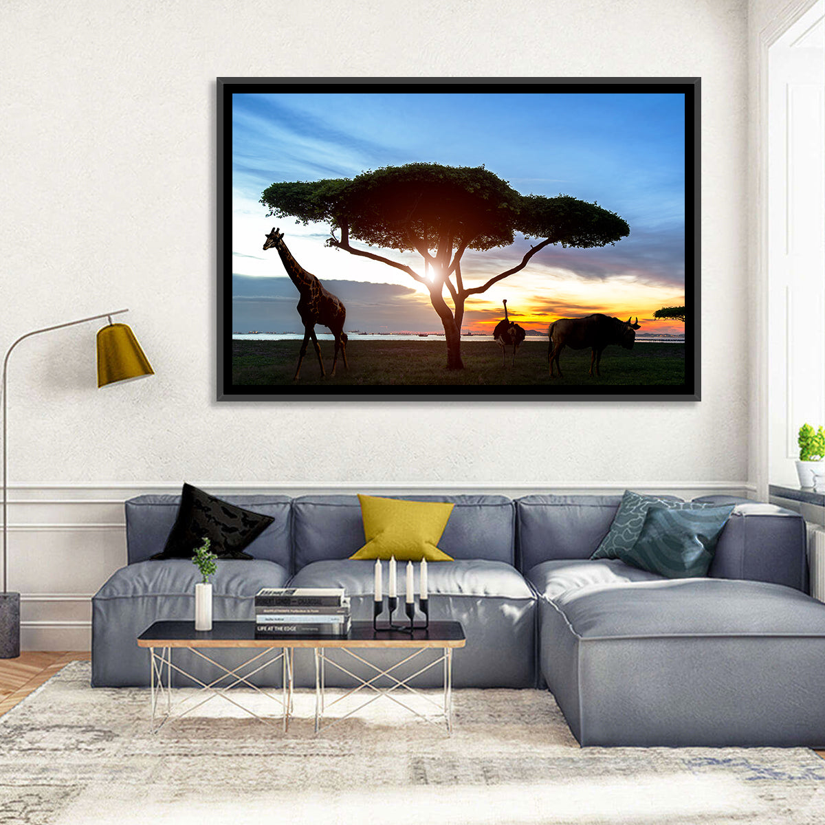Savanna Silhouettes at Golden Hour Wall Art in a room, landscape