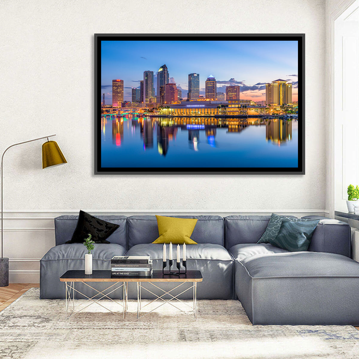 Tampa Twilight Skyline Wall Art in a room, landscape