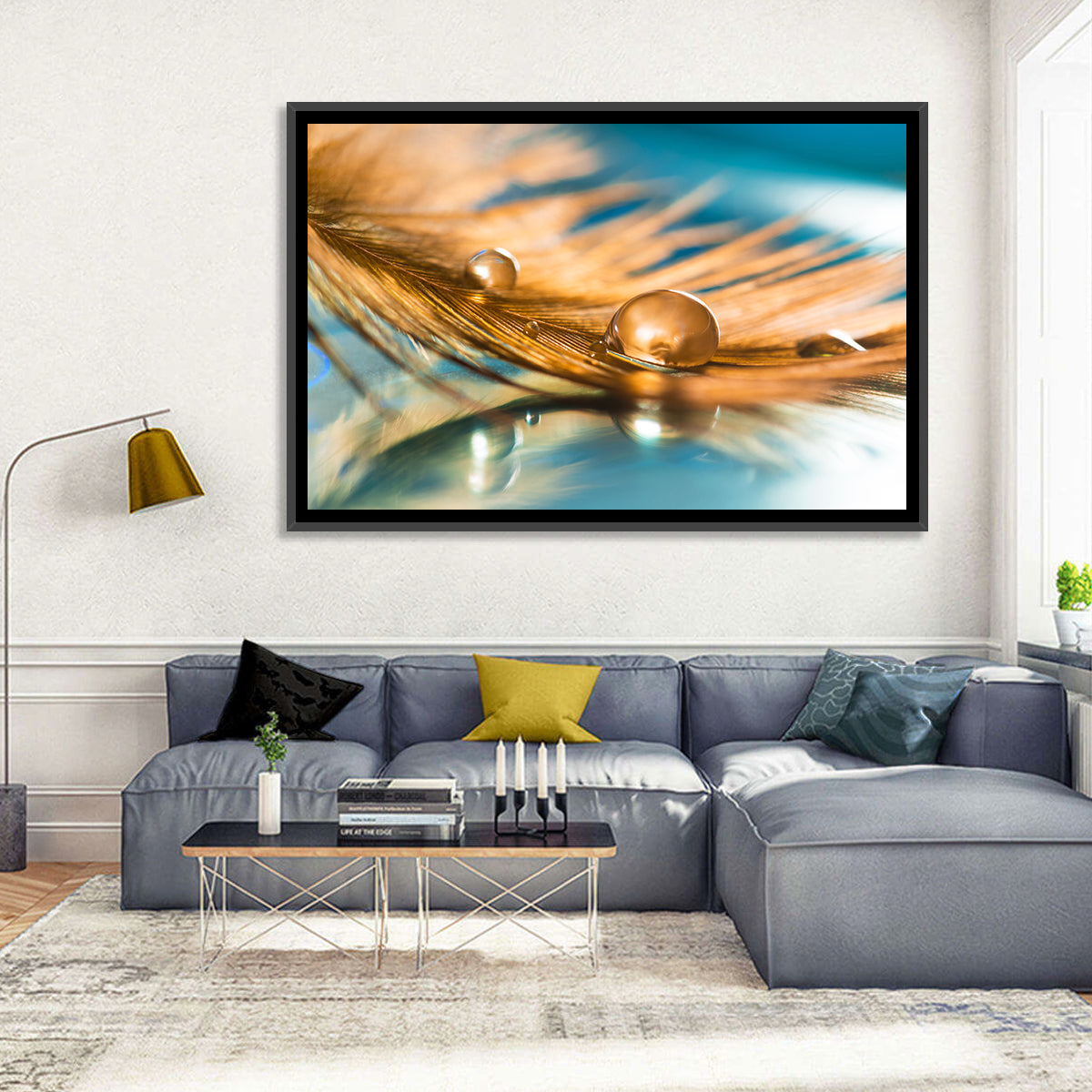 Golden Feather with Droplets Wall Art in a room, landscape