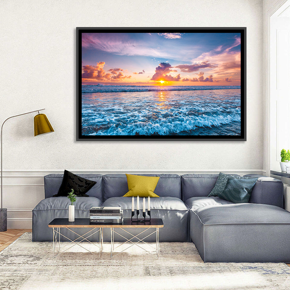 Sunburst Ocean Wave Wall Art in a room, landscape