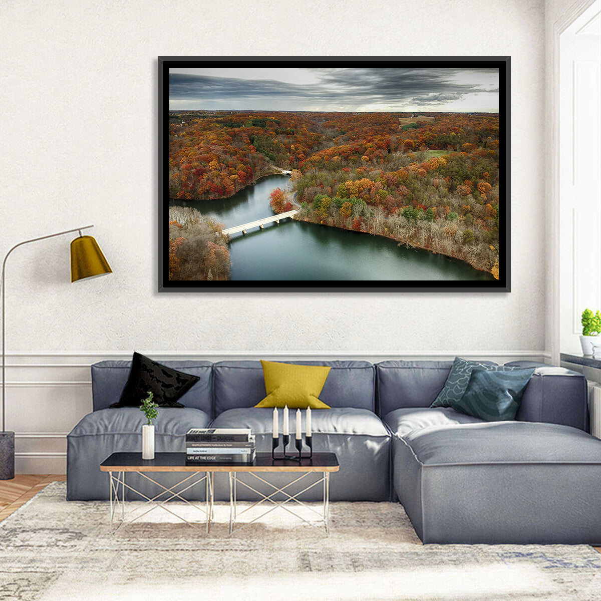 Seneca Lake Aerial View Wall Art in a room, landscape