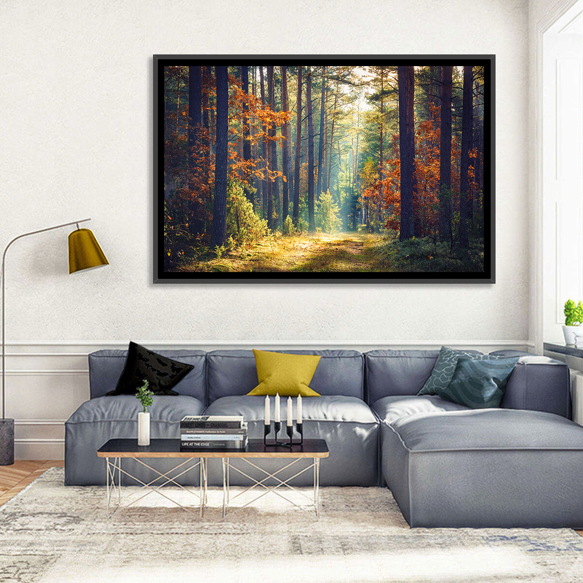 Sunlit Autumn Pine Forest Wall Art in a room, landscape