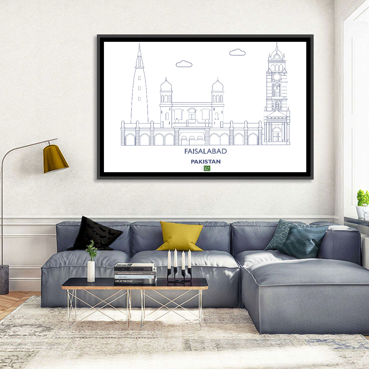 Faisalabad Clock Tower Skyline Wall Art in a room, landscape
