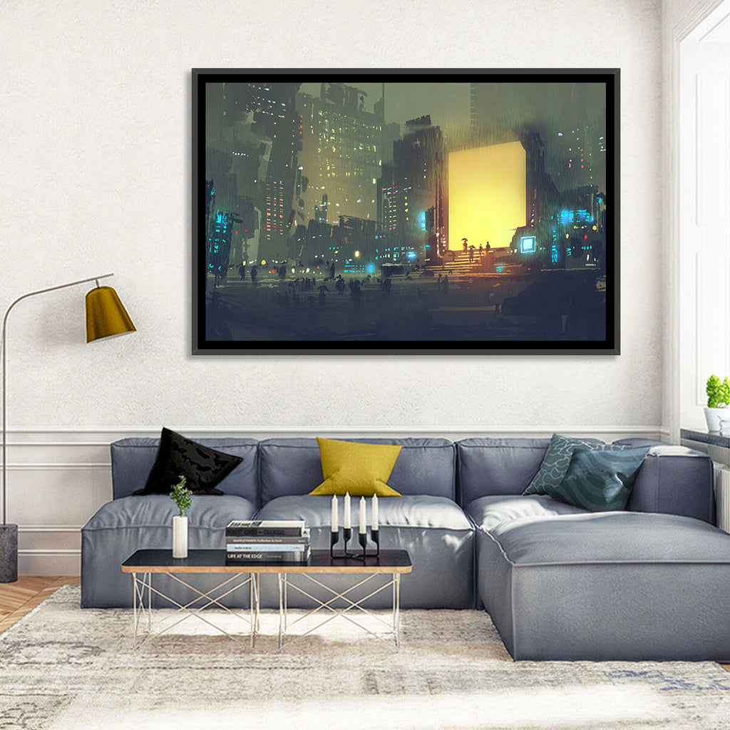 Rainy Night City with Glowing Portal Wall Art