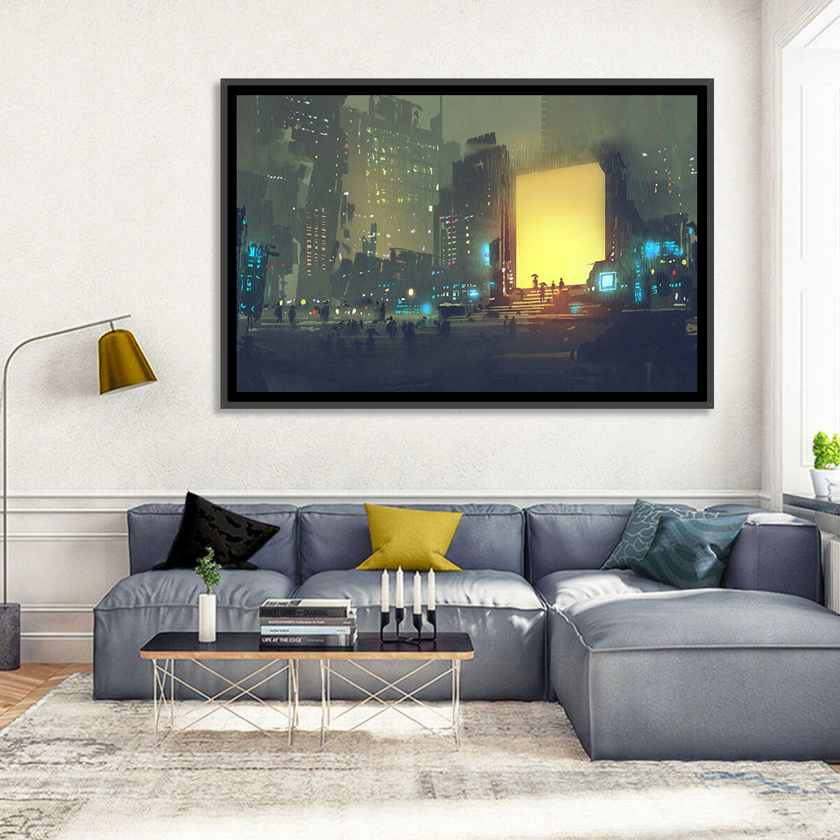 Rainy Night City with Glowing Portal Wall Art