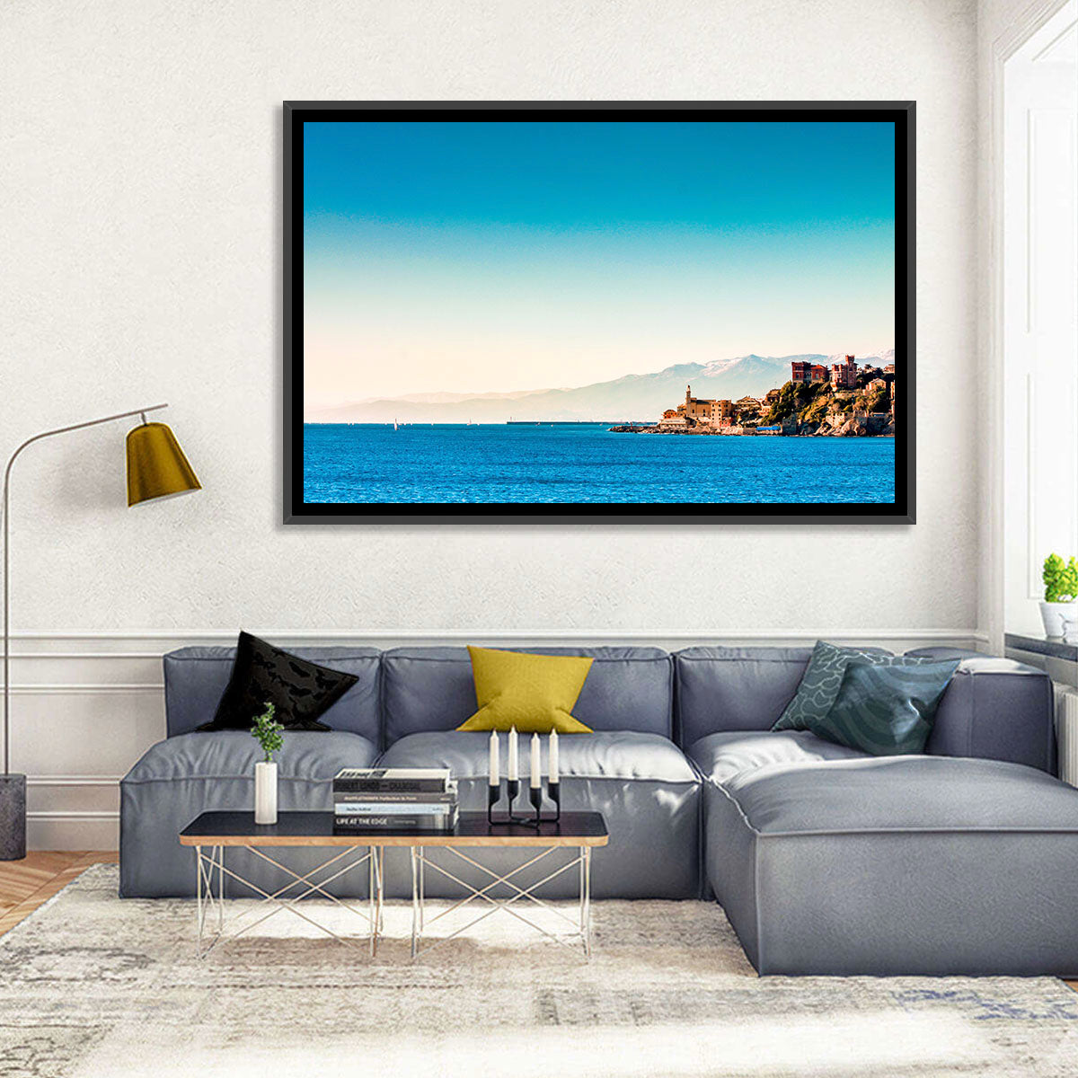 Genoa Coastal Seascape Wall Art in a room, landscape