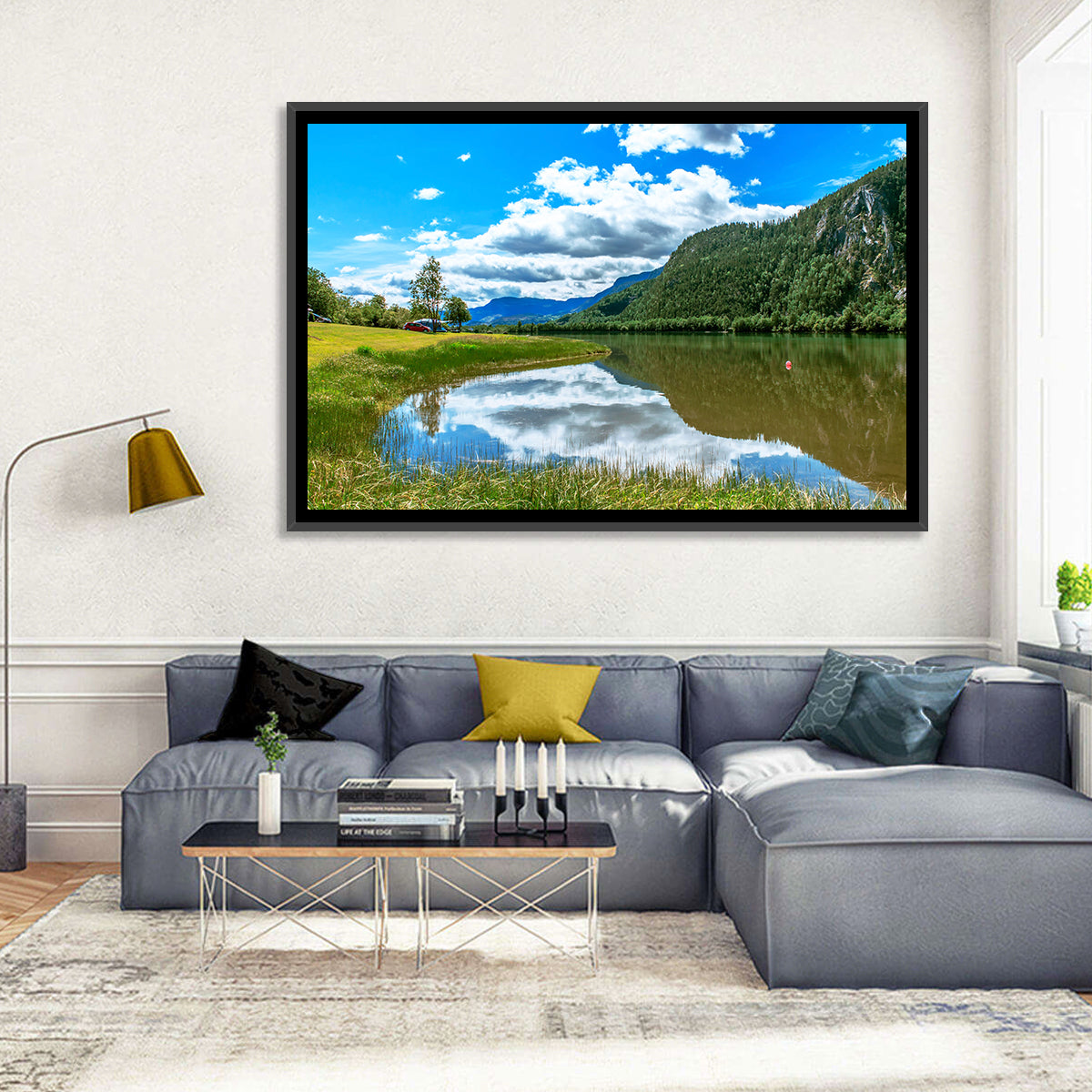 Lake Mjosa Reflection Wall Art in a room, landscape