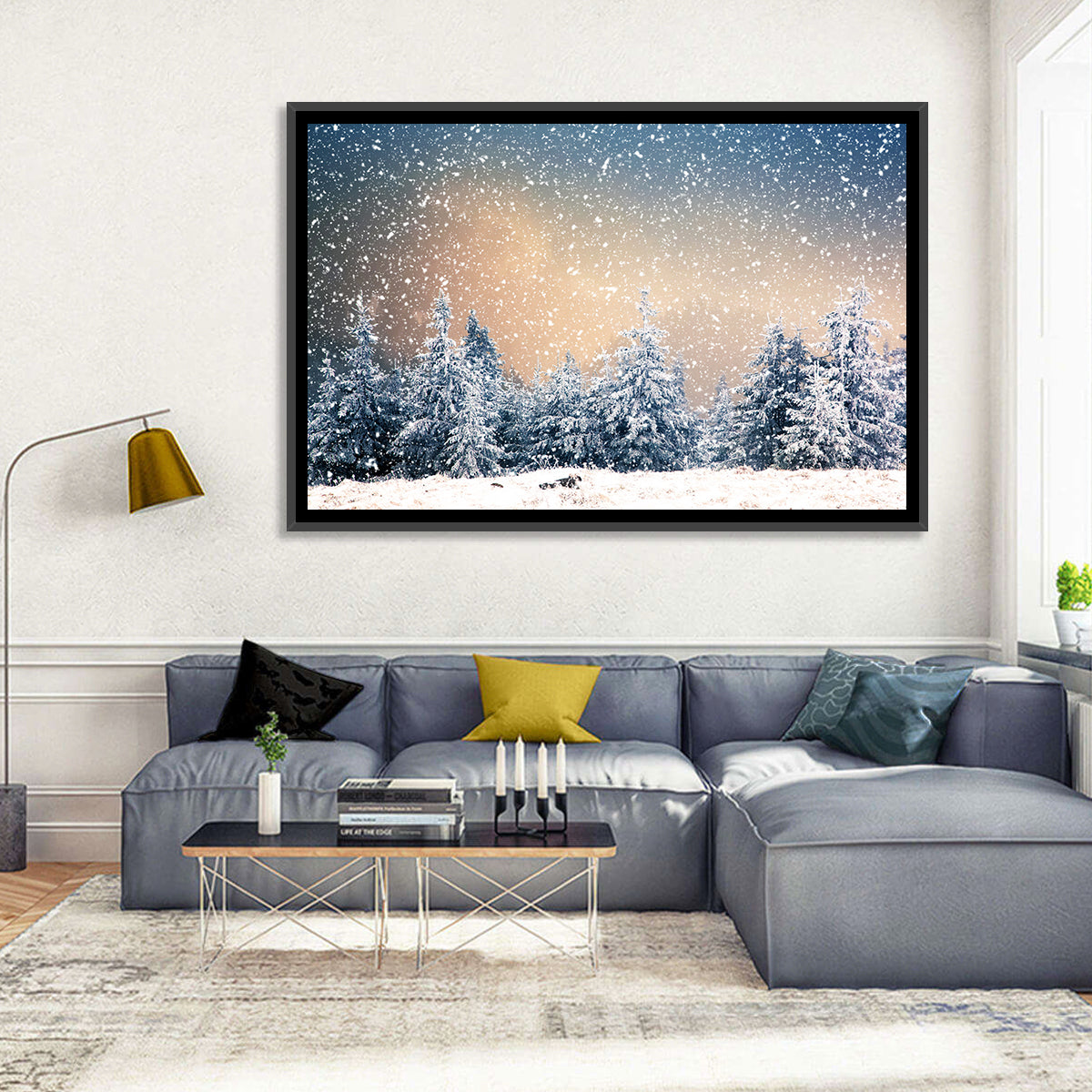 Winter Forest Wonderland Wall Art in a room, landscape