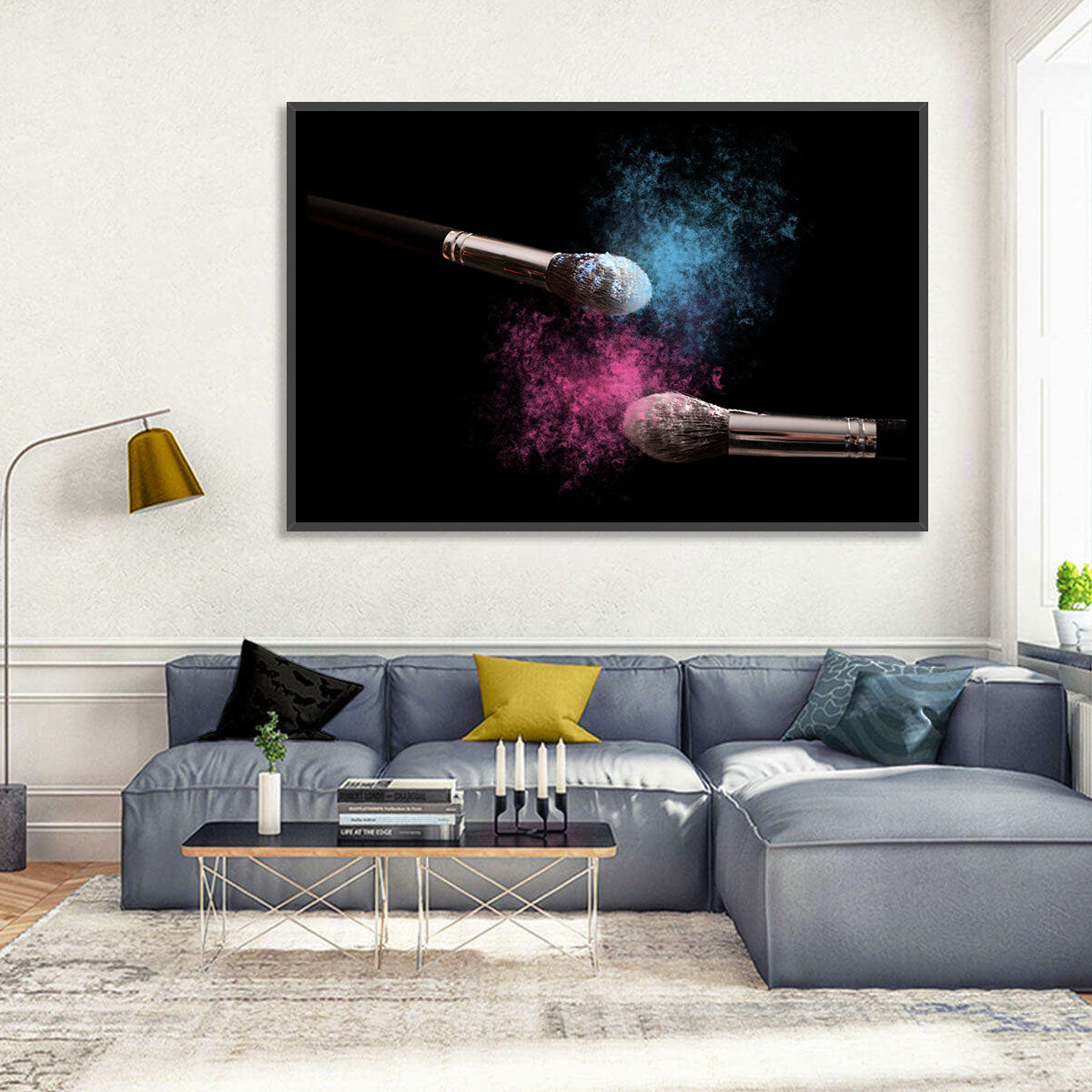Powder Burst Makeup Brushes Wall Art in a room, landscape