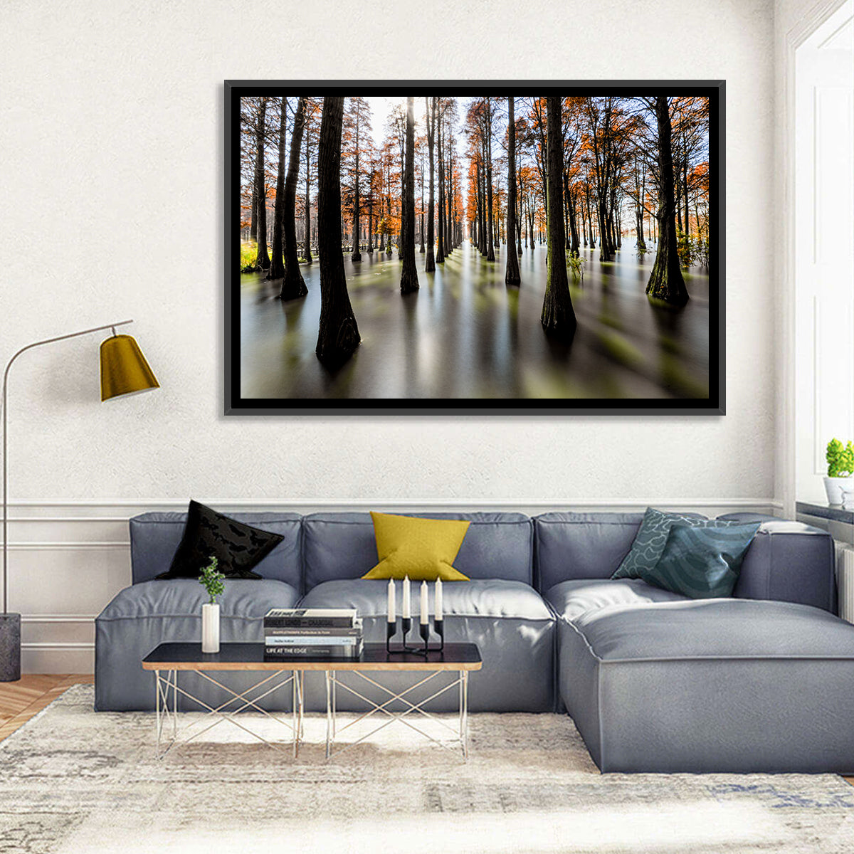 Autumn Flooded Cypress Forest Wall Art in a room, landscape