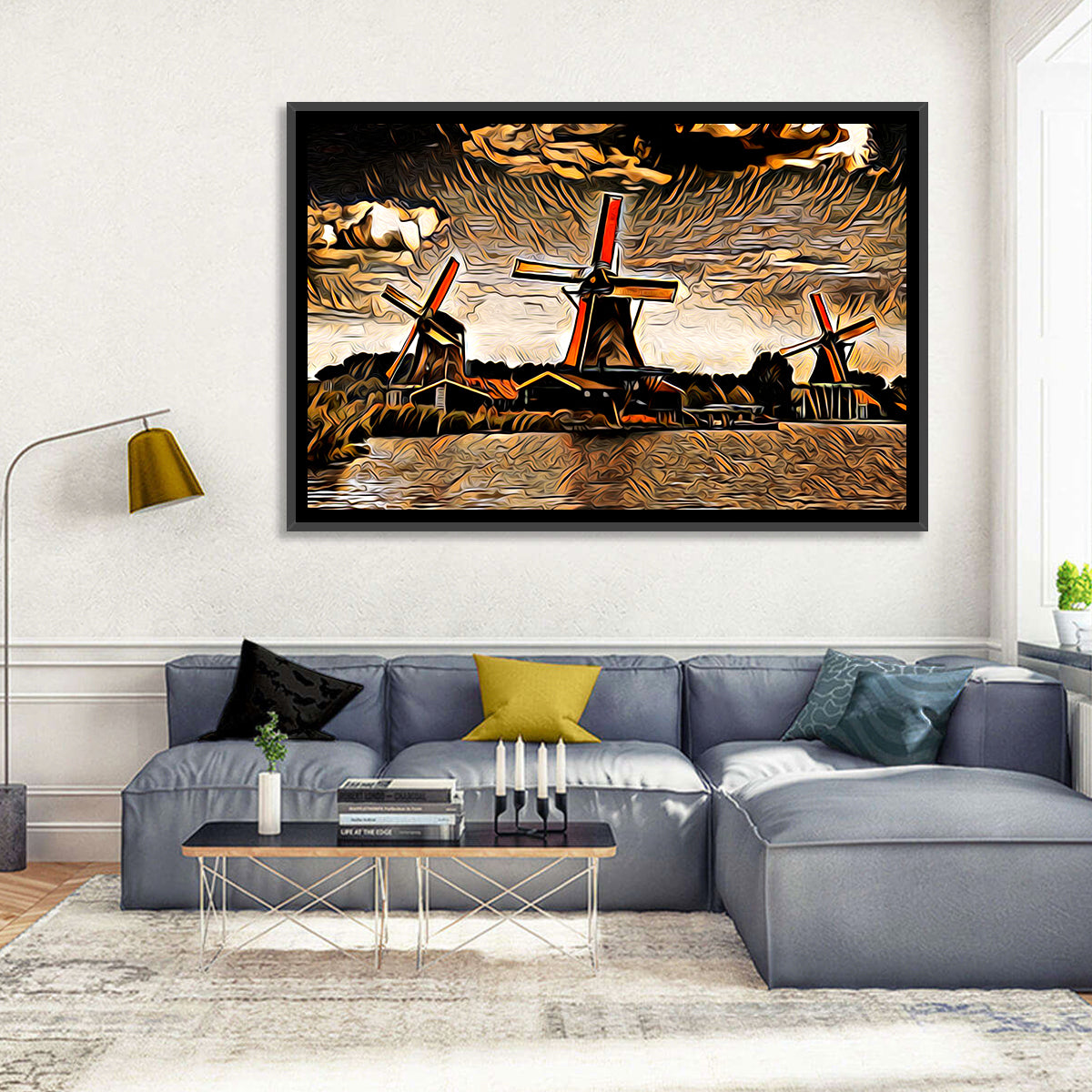 Retro Windmills at Sunset Wall Art in a room, landscape