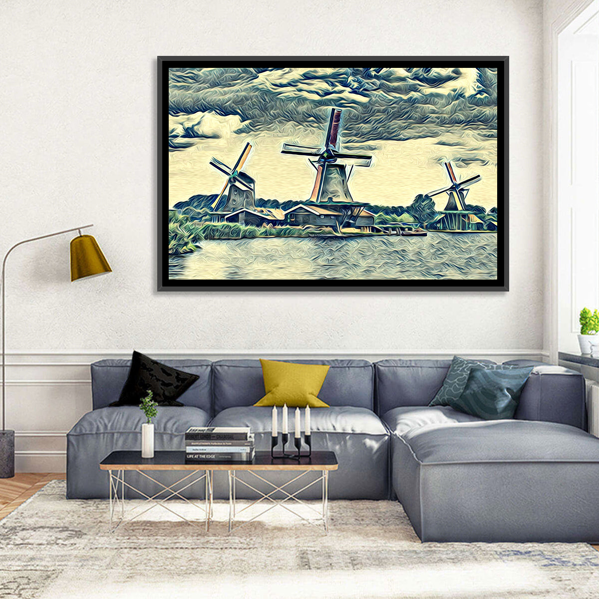 Three Vintage Windmills Wall Art in a room, landscape