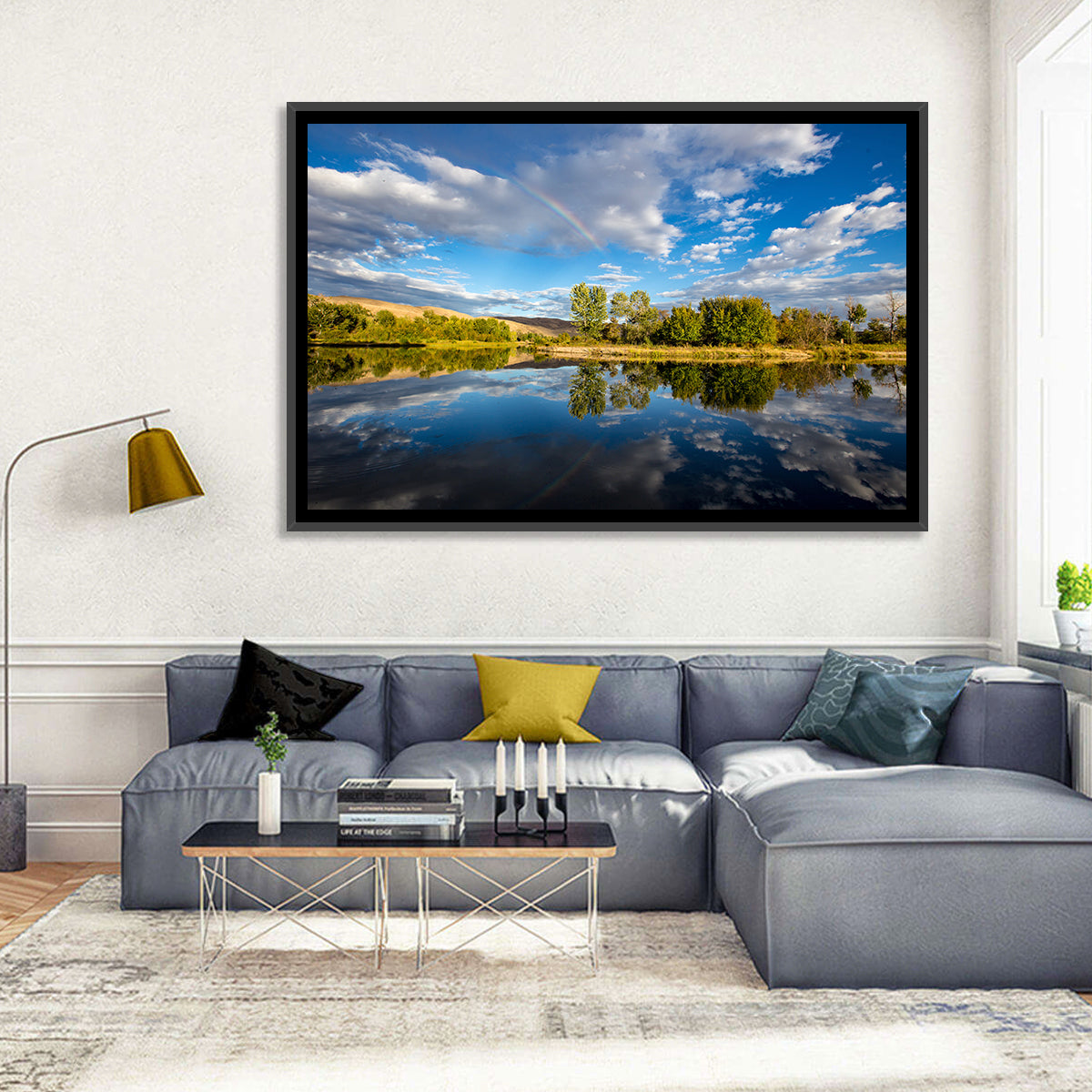 Boise River Rainbow Reflection Wall Art in a room, landscape