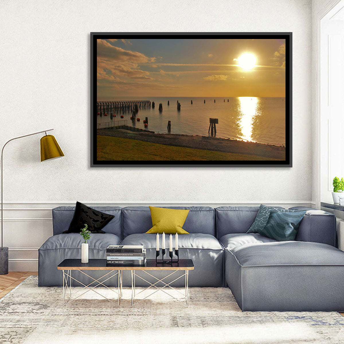 Lake Okeechobee Sunset Pier Wall Art in a room, landscape