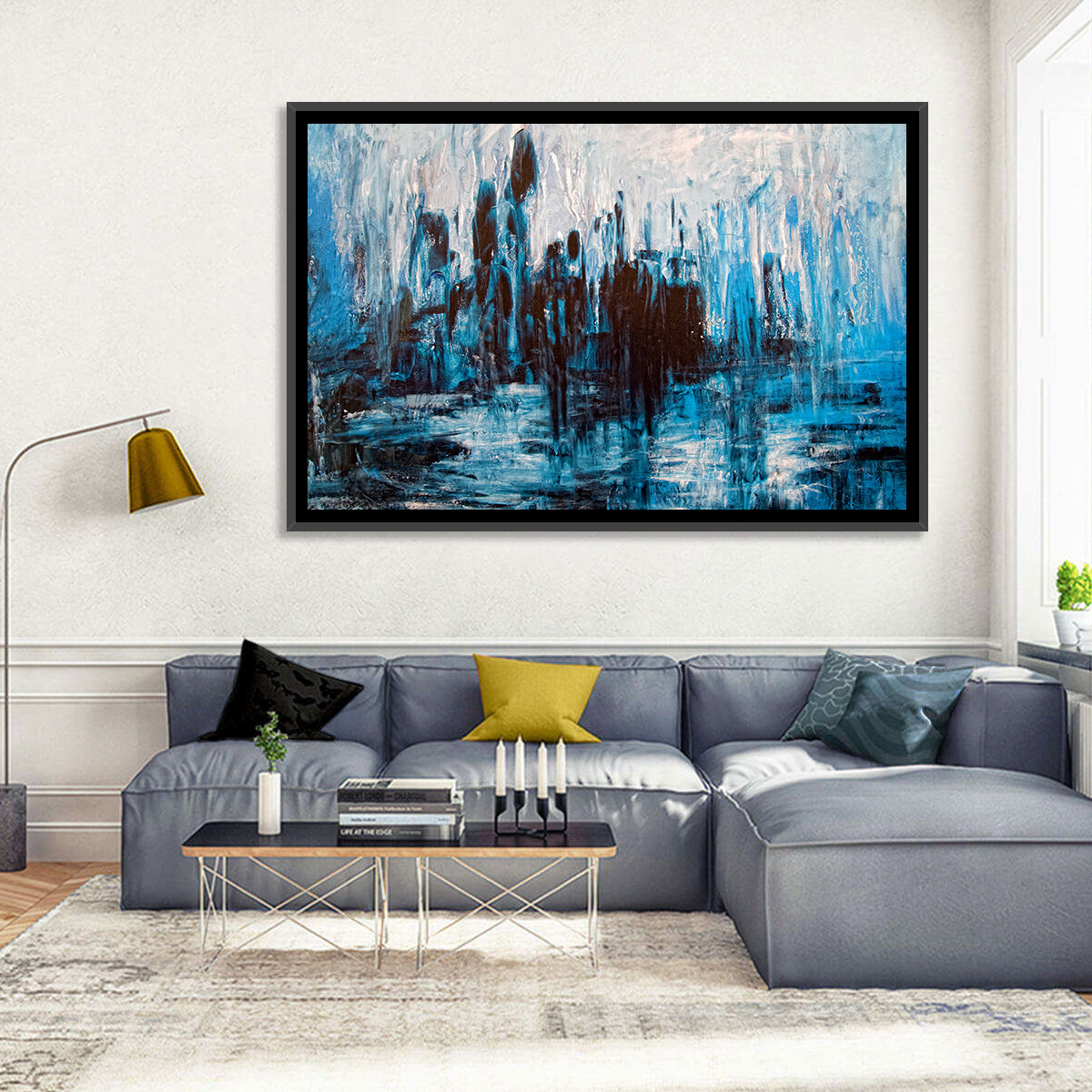 Rainy Abstract Skyline Reflection Wall Art in a room, landscape