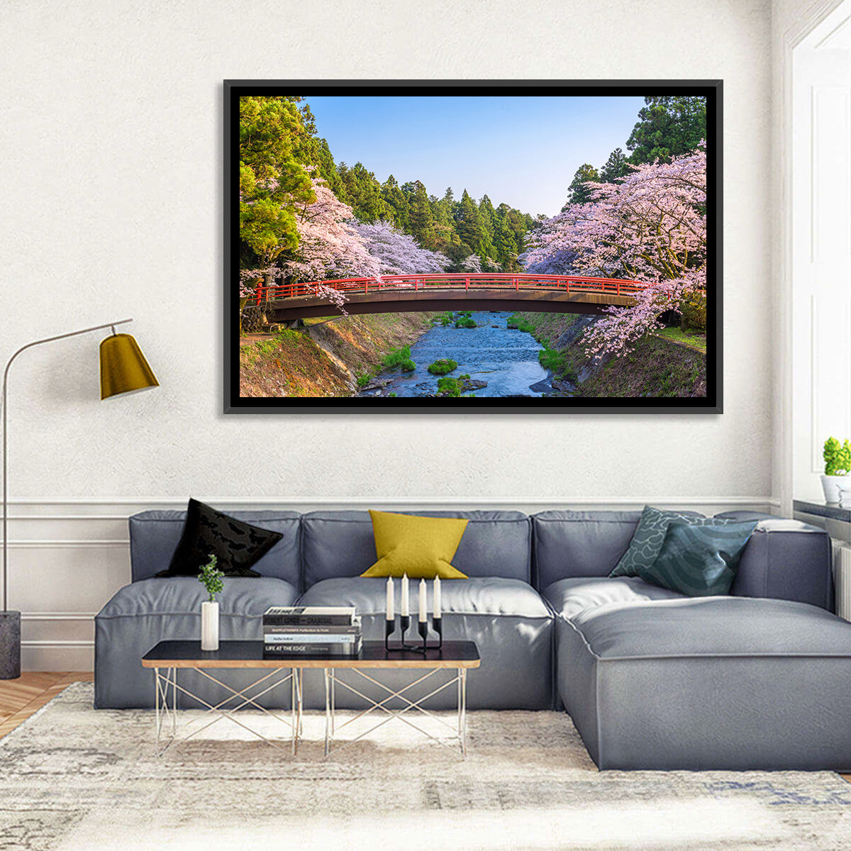 Arched Red Bridge with Cherry Blossoms Wall Art in a room, landscape