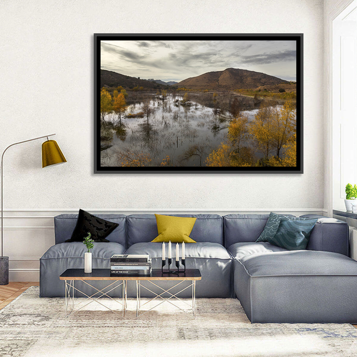 Lake Hodges Autumn Reflection Wall Art in a room, landscape