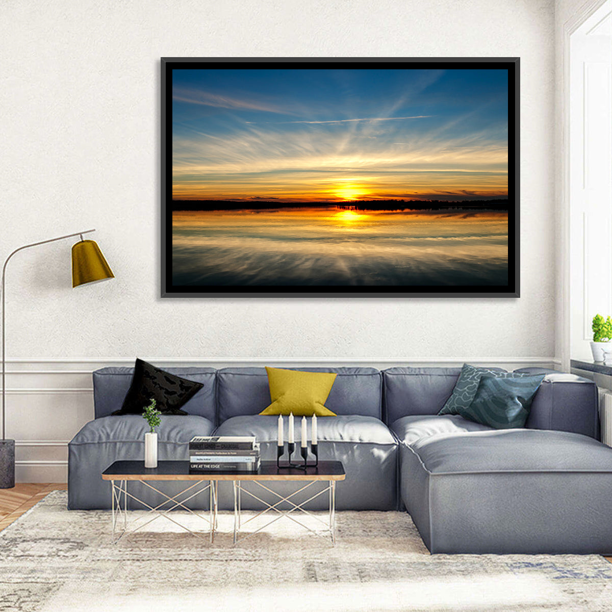 Oklahoma Lake Sunset Reflection Wall Art in a room, landscape