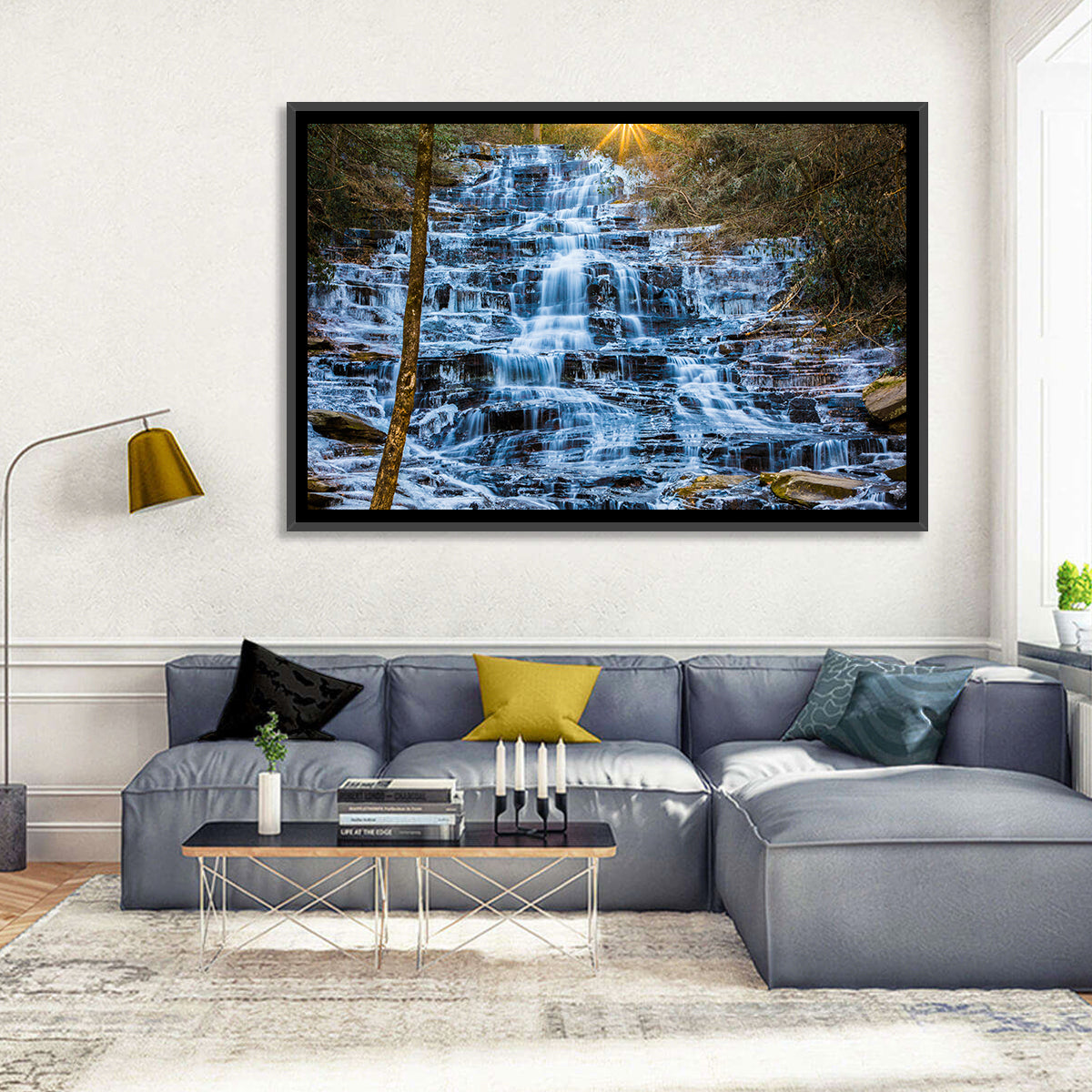 Minnehaha Falls Winter Cascade Wall Art in a room, landscape