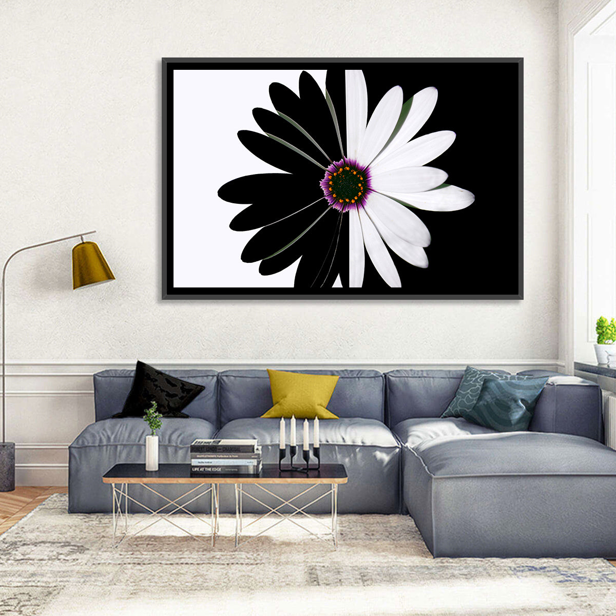 Black and White Daisy with Purple Ring Wall Art in a room, landscape