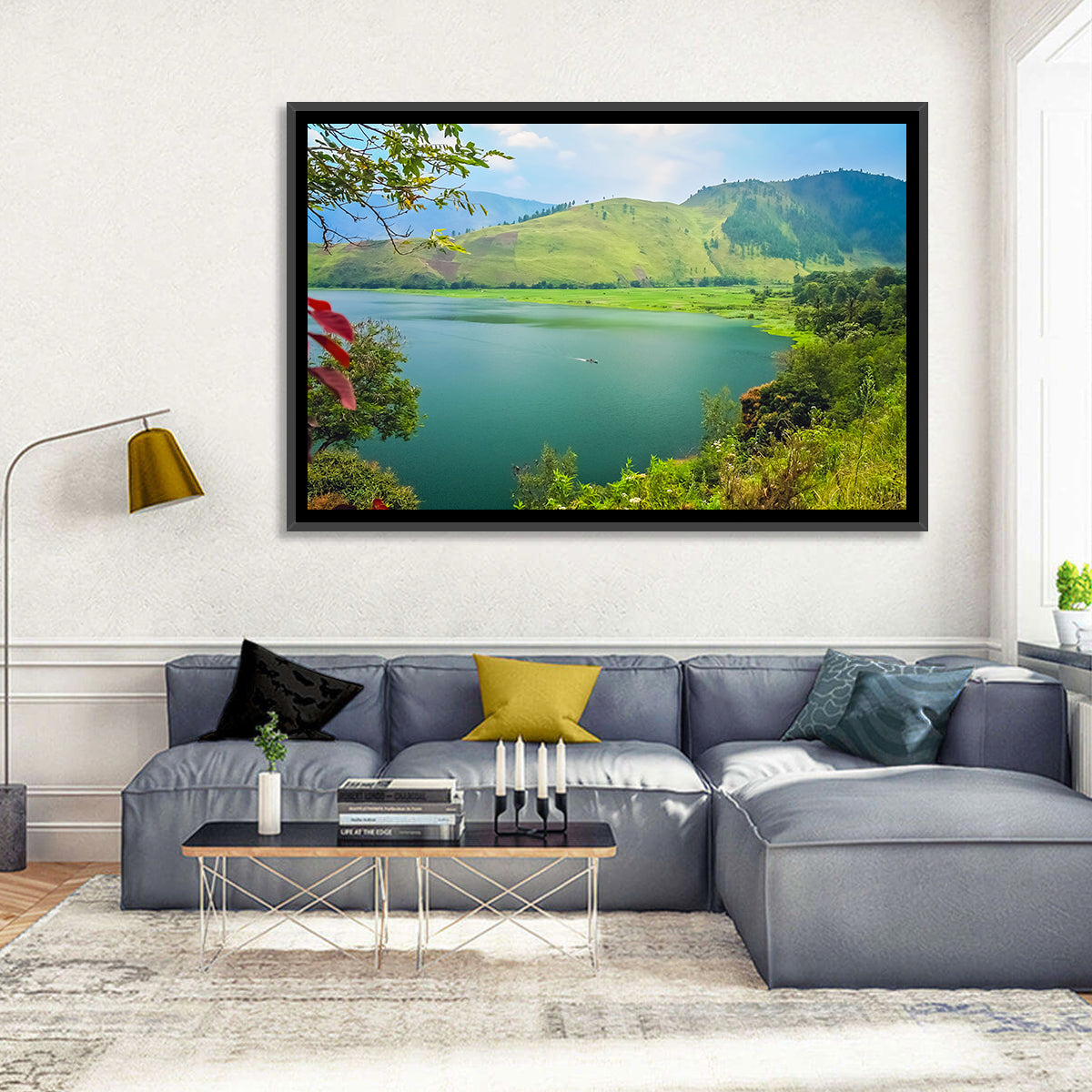 Lake Toba Boat and Hills Wall Art in a room, landscape