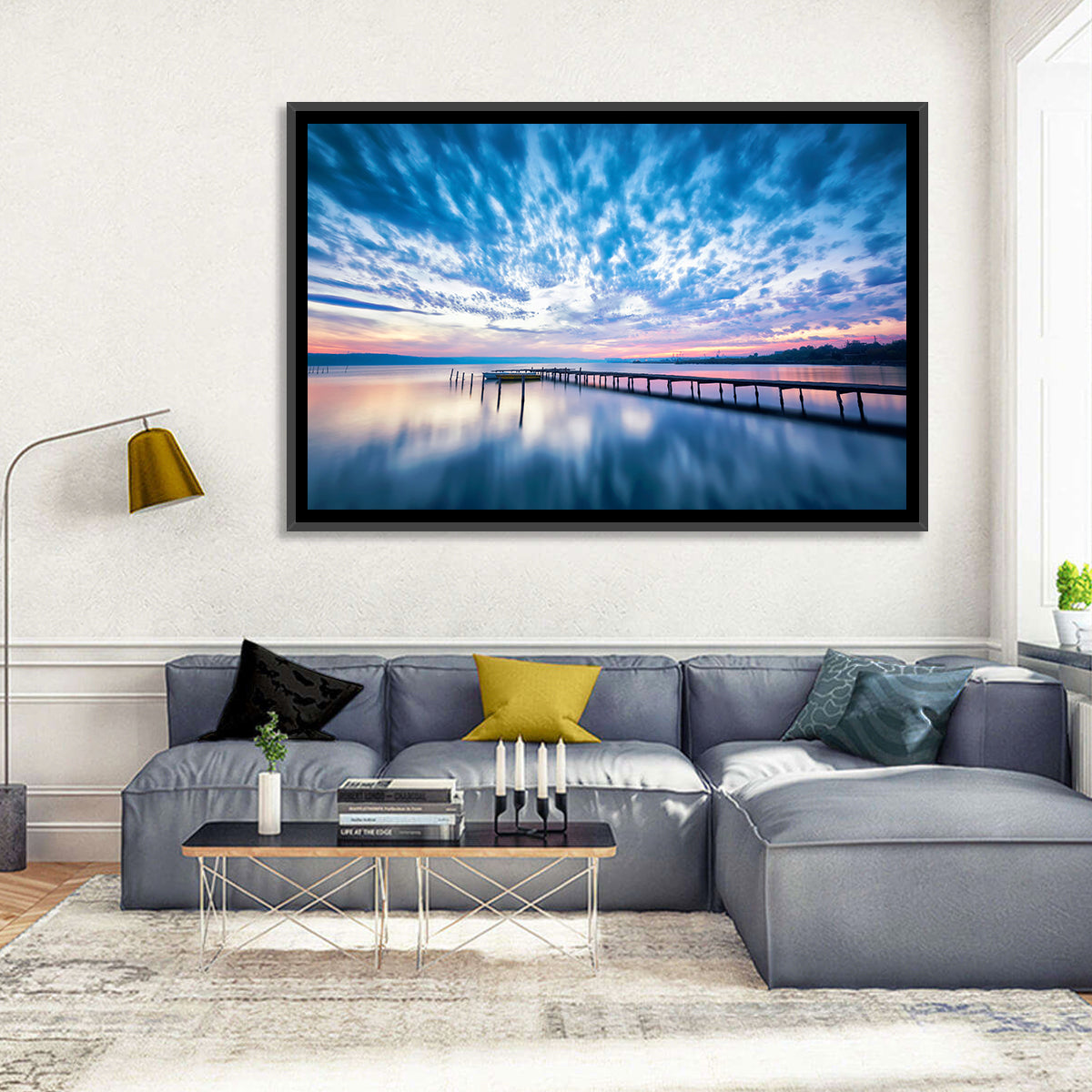 Cloudy Lake Pier at Dusk Wall Art in a room, landscape