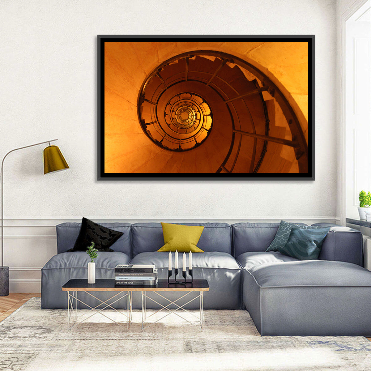 Vortex Spiral Staircase Wall Art in a room, landscape