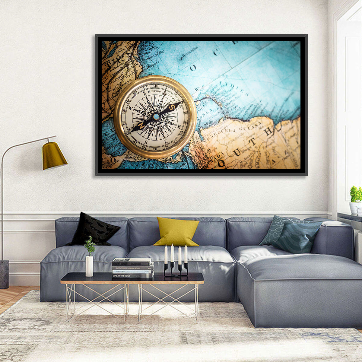 Vintage Compass Over Atlantic Map Wall Art in a room, landscape