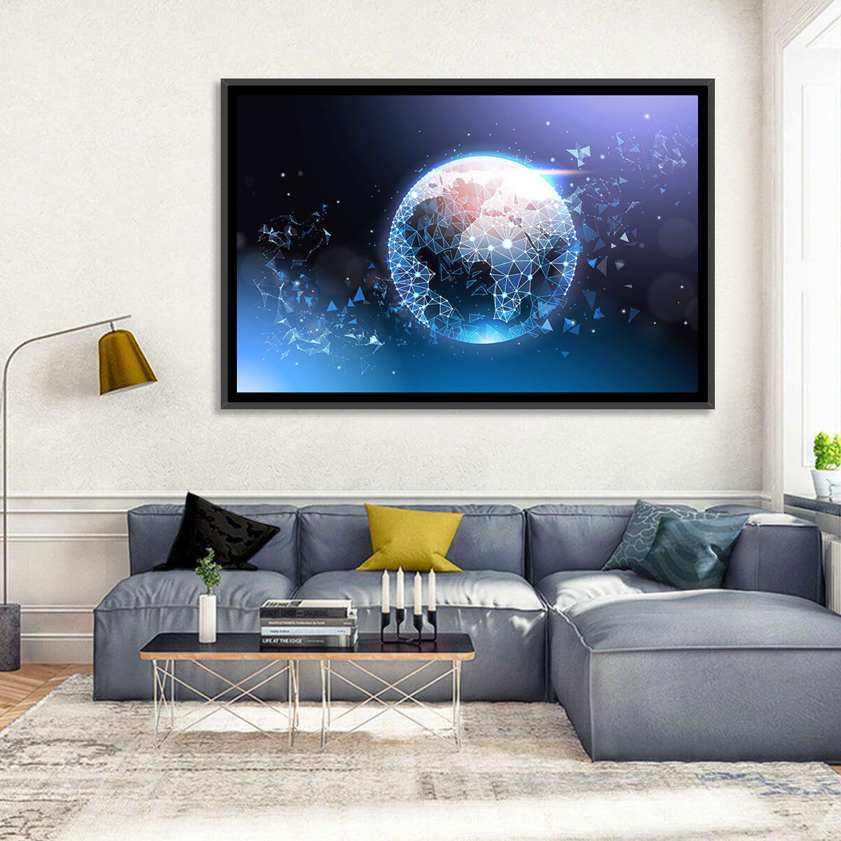 Wireframe Globe Network Wall Art in a room, landscape