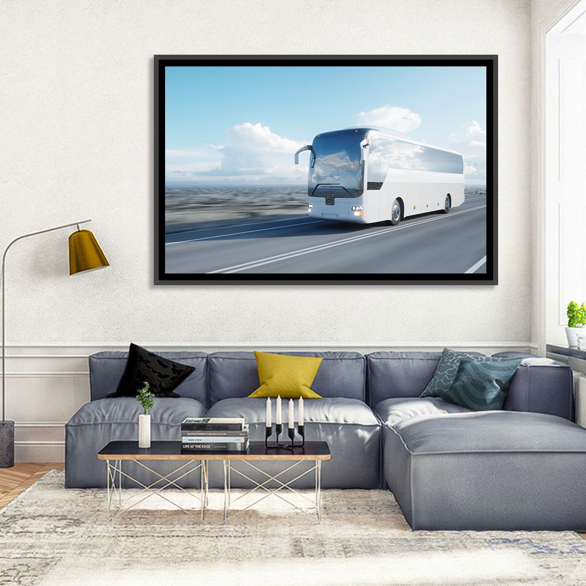 Desert Highway Tour Bus Wall Art in a room, landscape