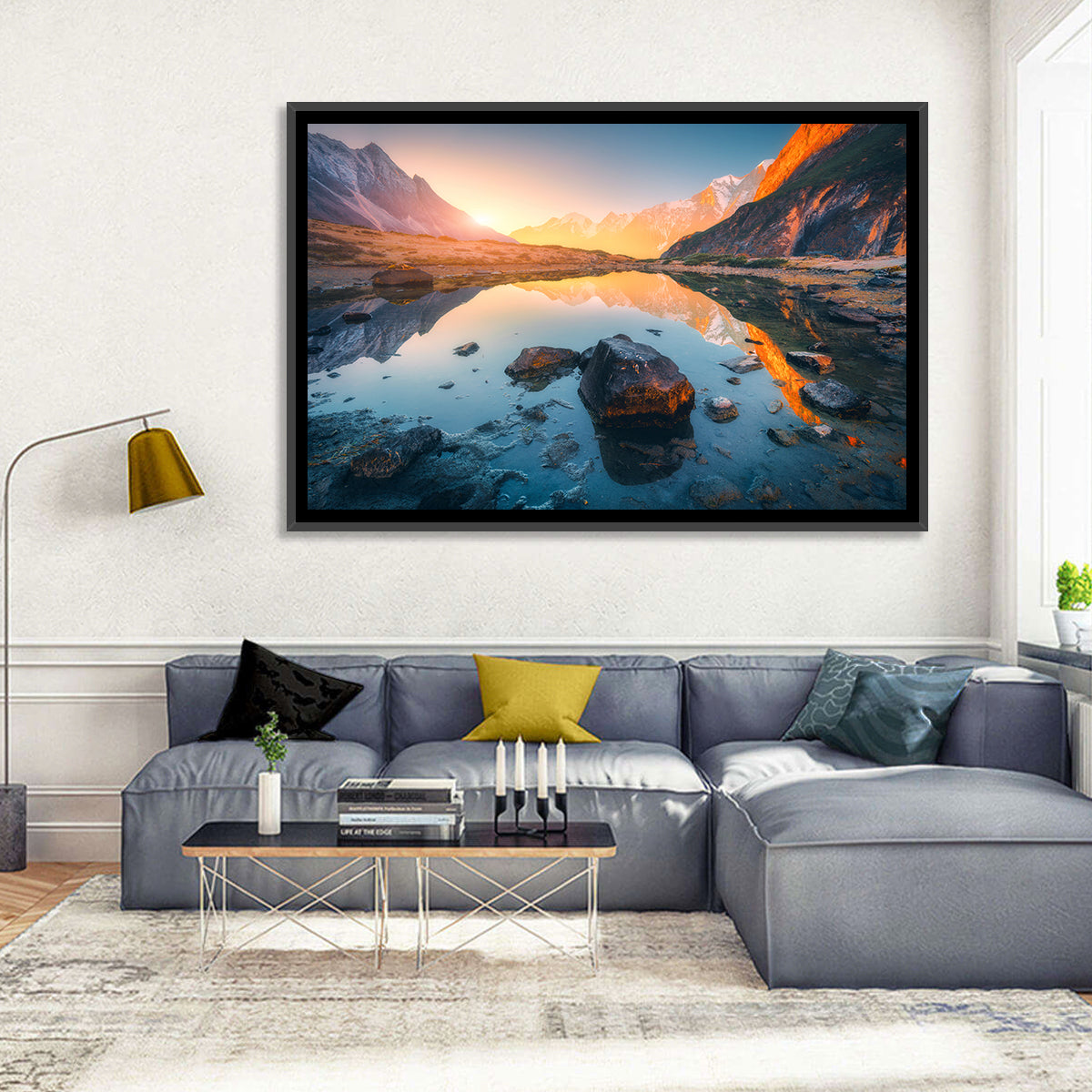Himalayan Lake Reflections Wall Art in a room, landscape